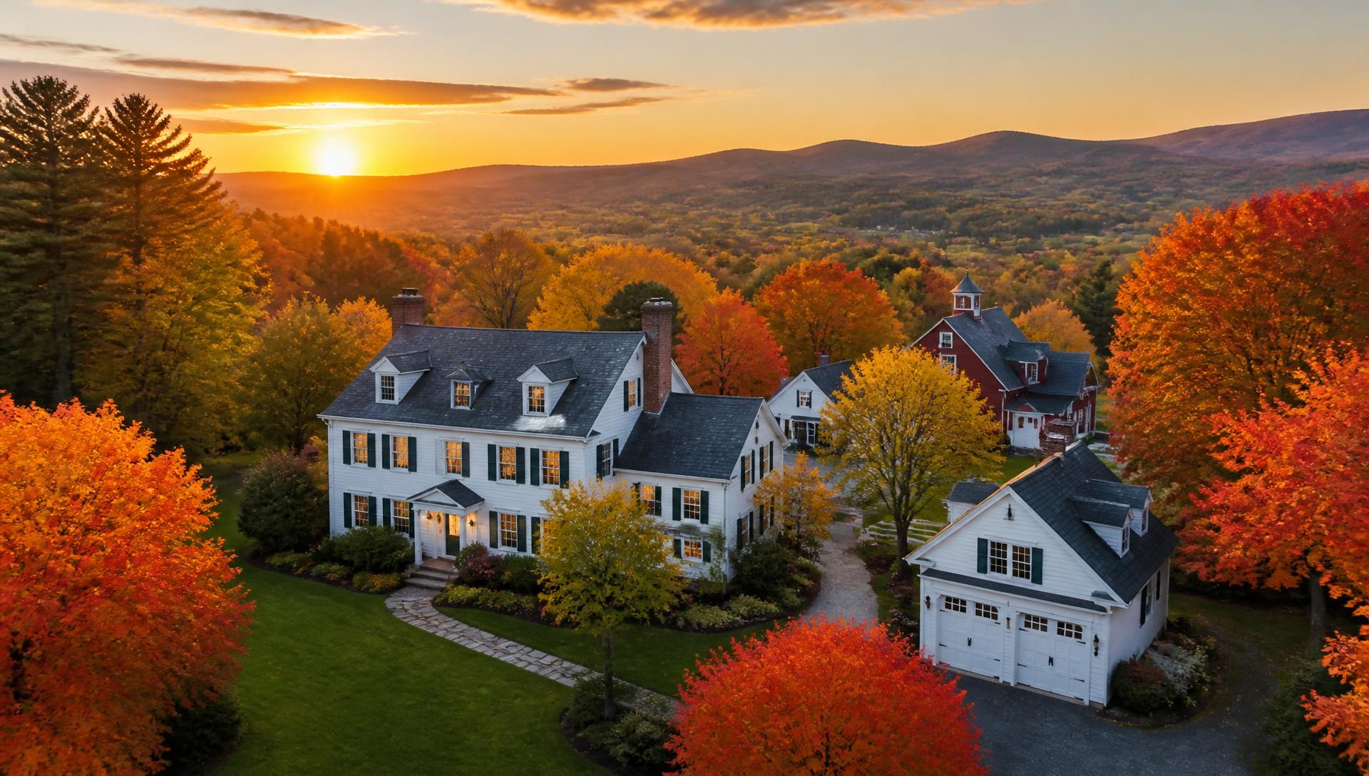 Beautiful New England property surrounded by autumn maple trees